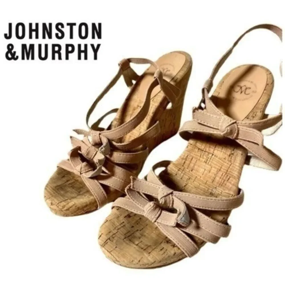 Johnston & Murphy Tan Canvas Cork Wedge Sandals Women’s Size 7.5M Slingback Heel
